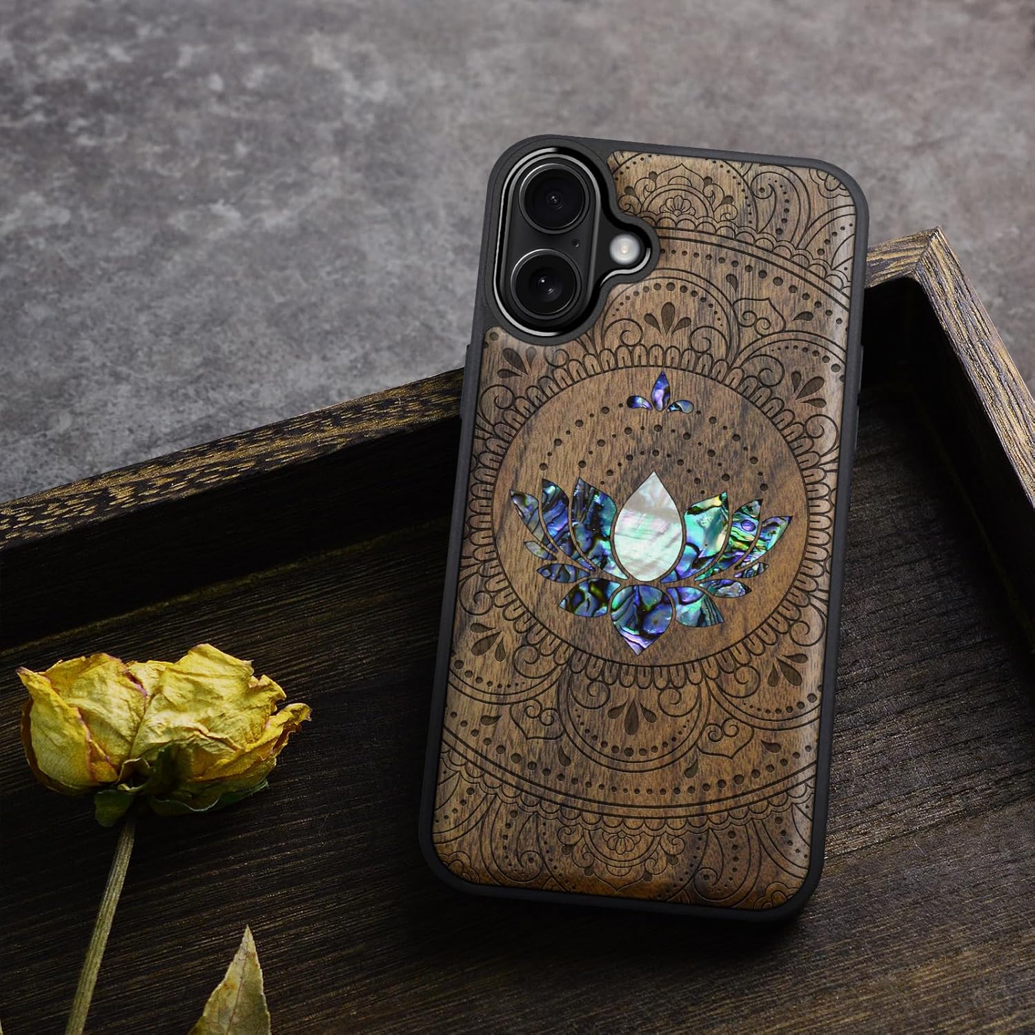 Carveit Magnetic Case for iPhone 16 Plus Case, Wood Artisan Engraved & Handmade Shell Inlaid, TPU Shockproof Cover, Compatible with MagSafe Wireless Chargers (Lotus Mandala Essence-Walnut)