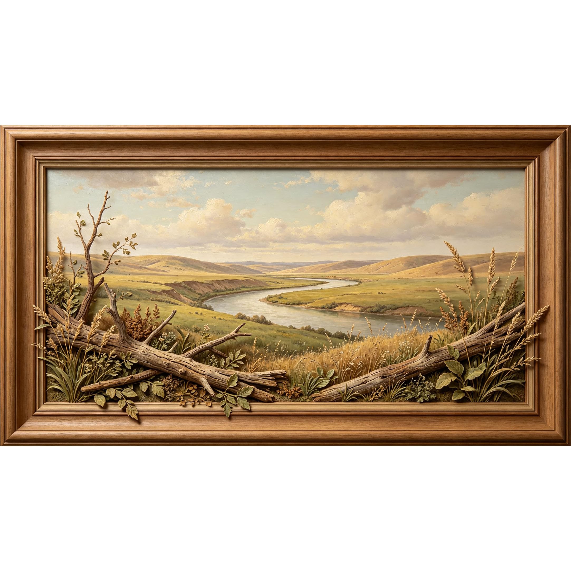 QZLITHOTIC 50×90cm3D Framed Wall Art， Scenic River Valley Landscape Farmhouse Oil Painting Style Self?Adhesive Mural， Water?Activated Peel & Stick Fabric Decor Wall Decal for Bedroom Living Room