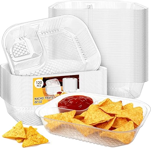 Miniatura 8 de Paquete de 200 bandejas de nachos de 12 onzas, 6.49 x 5.11 pulgadas, de plástico, 2 compartimentos, bandejas desechables para salsa de queso para