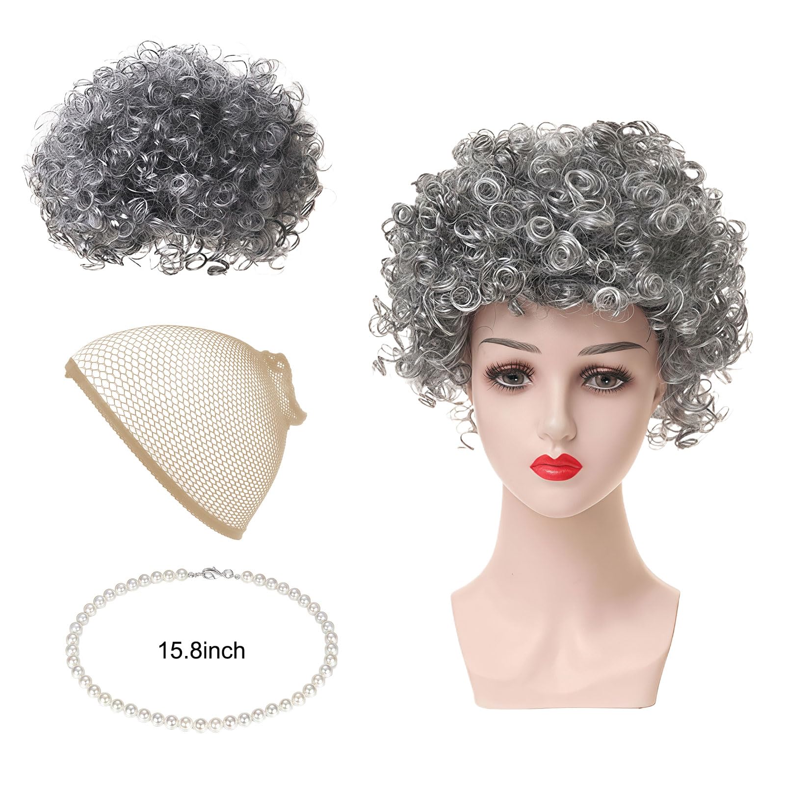 GWAWG 6Pcs Old Lady Fancy Dress Set,Old Lady Fancy Dress Kit,Old Lady Costume Set Grey Wig Hairnet Bag Eyemask Necklace and Inflatable Cane for Halloween World Book Day Masquerade Carnival - Image 2