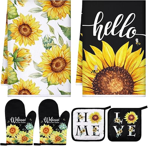 Juego de 6 manoplas de horno de girasol y soportes para ollas, juego de toallas de cocina con girasoles de granja, paños absorbentes para ollas para