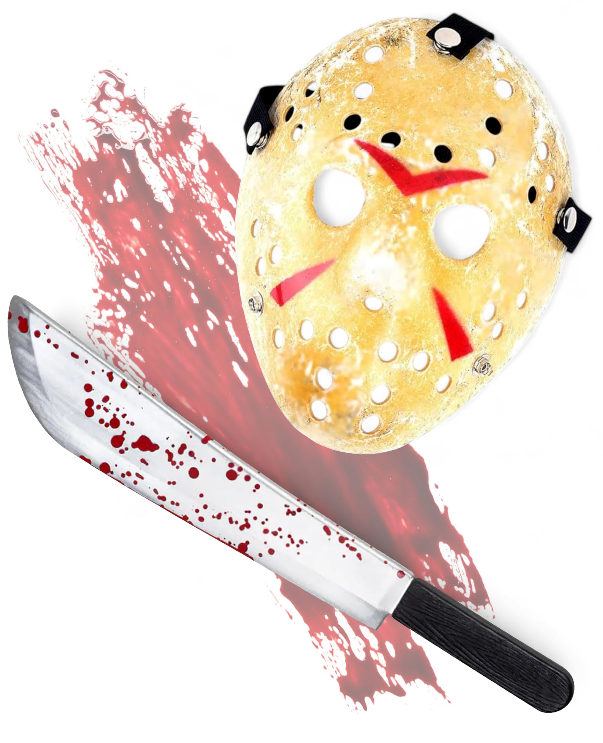 Mega_Jumble Adult Jason Voorhees Mask & Bloody Machete Props - Creepy Halloween Demon Killer Horror Scary Party Fancy Dress Costume (Jason Mask & Large Machete)