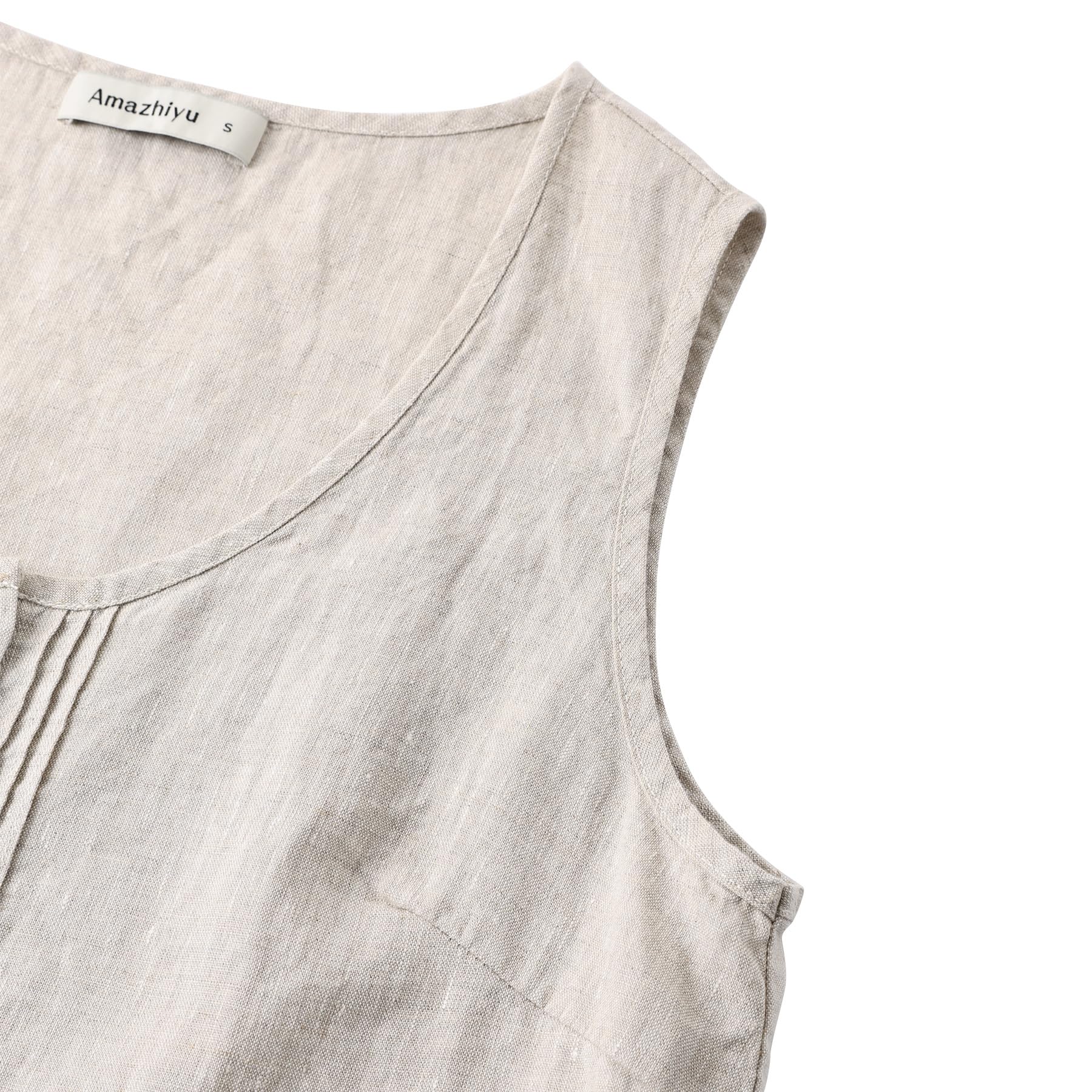 Amazhiyu Camicetta da donna in 100% lino, canotte estive senza maniche in lino con scollo rotondo e bottoni a pieghe