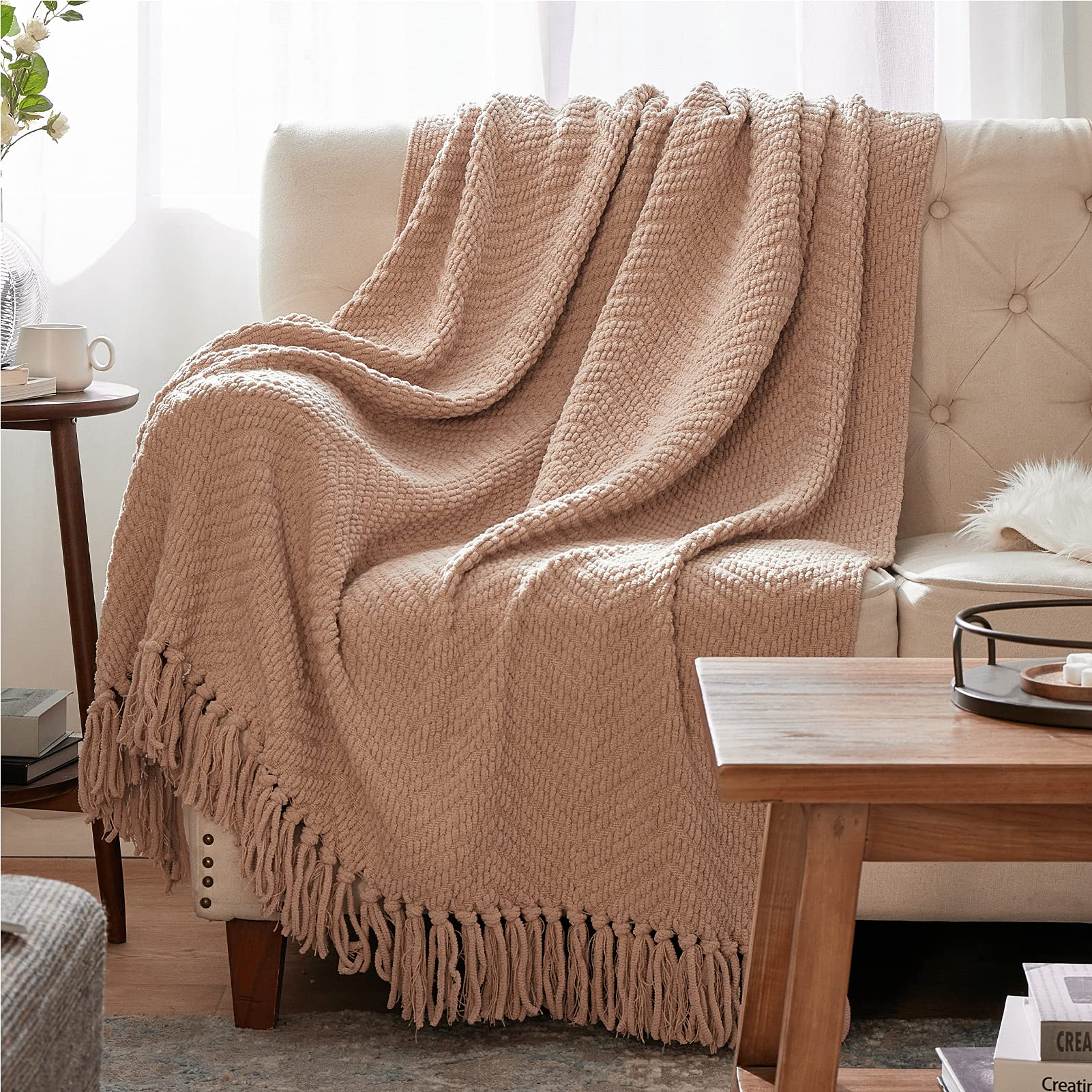 Bedsure Throw Blanket for Couch - Beige Knit Woven Chenille Blanket Versatile for Chair, 50 x 60 Inch Super Soft Warm Deco...