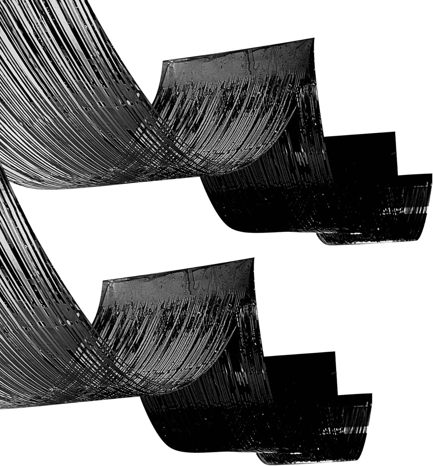 Beistle Black Metallic Fringe Ceiling Curtains – 2-Pack Extra-Long Shiny Tinsel Streamer Decorations with Tape for Halloween, New Year’s Eve, Birthday Parties, and Event Backdrops, 19½" x 16'