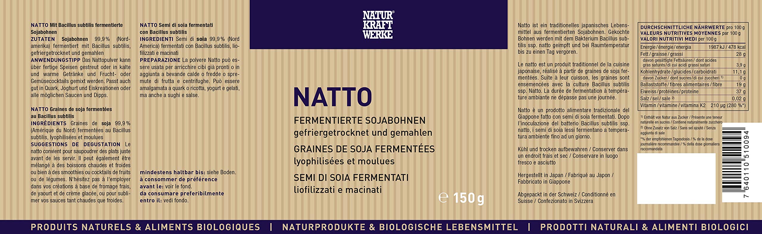 NATTO fermentierte Sojabohnen Pulver 150 g, reich an Vitamin K2 & Nattokinase, GVO-frei, taditionelles japanisches Superfood