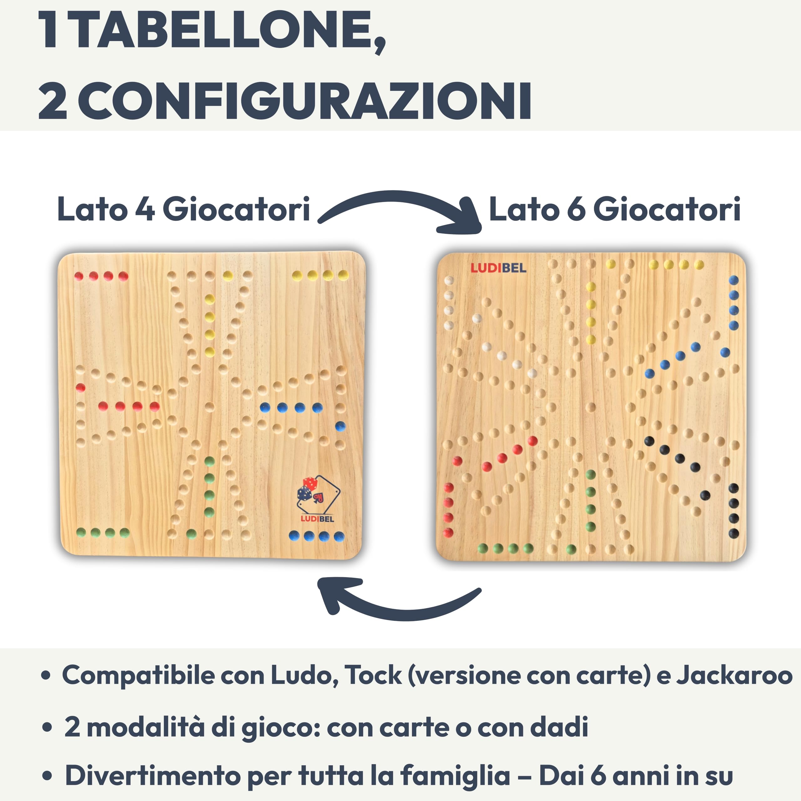 Gioco di Ludo XL 4–6 Giocatori – Tabellone Reversibile 40x40 cm in Legno Massello – Compatibile con Tock e Jackaroo – Con Carte o Dadi – Include Biglie in Vetro