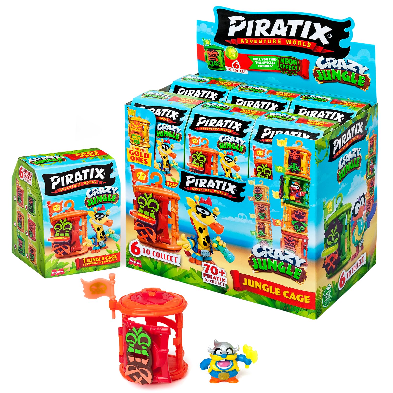 PIRATIX ADVENTURE WORLD Crazy Jungle Series – 12 Jungle Cages. Each Box Contains 1 Surprise Jungle Cage, 1 Surprise Piratix, 1 Accessory, 1 Flag and 1 Treasure