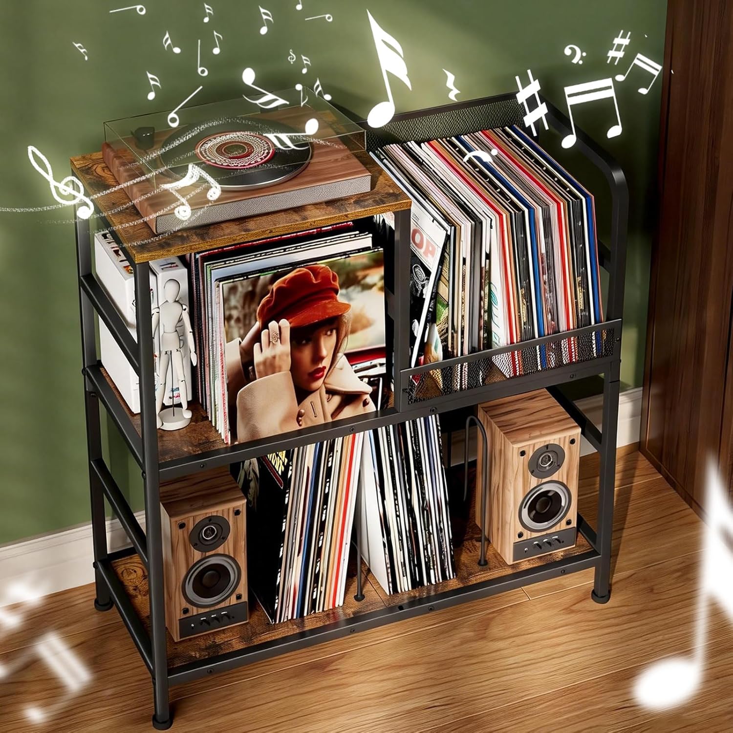 Huxitocan Record Player Stand Holds Up to 150 Albums with 4 Adjustable Dividers, Vintage Turntable Stand, End Table Vinyl Record Holder