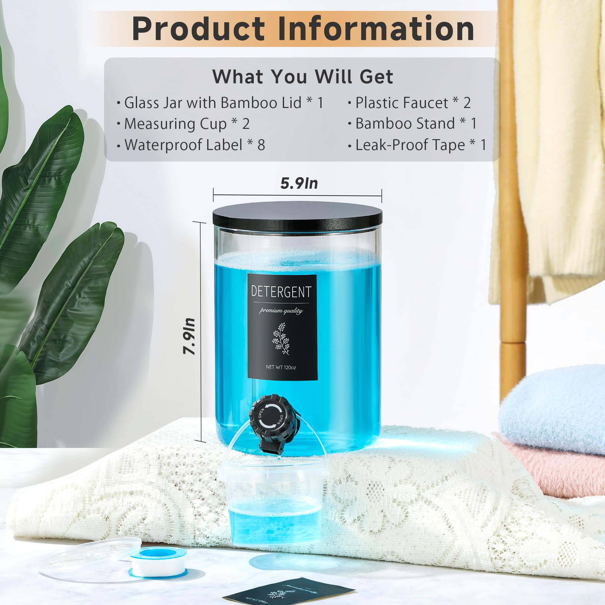 1 dispenser di detersivo per bucato in vetro con coperchio in bambù nero – 3,40 g di detersivo liquido, sapone per bucato e ammorbidente dispenser per l'organizzazione e la conservazione della