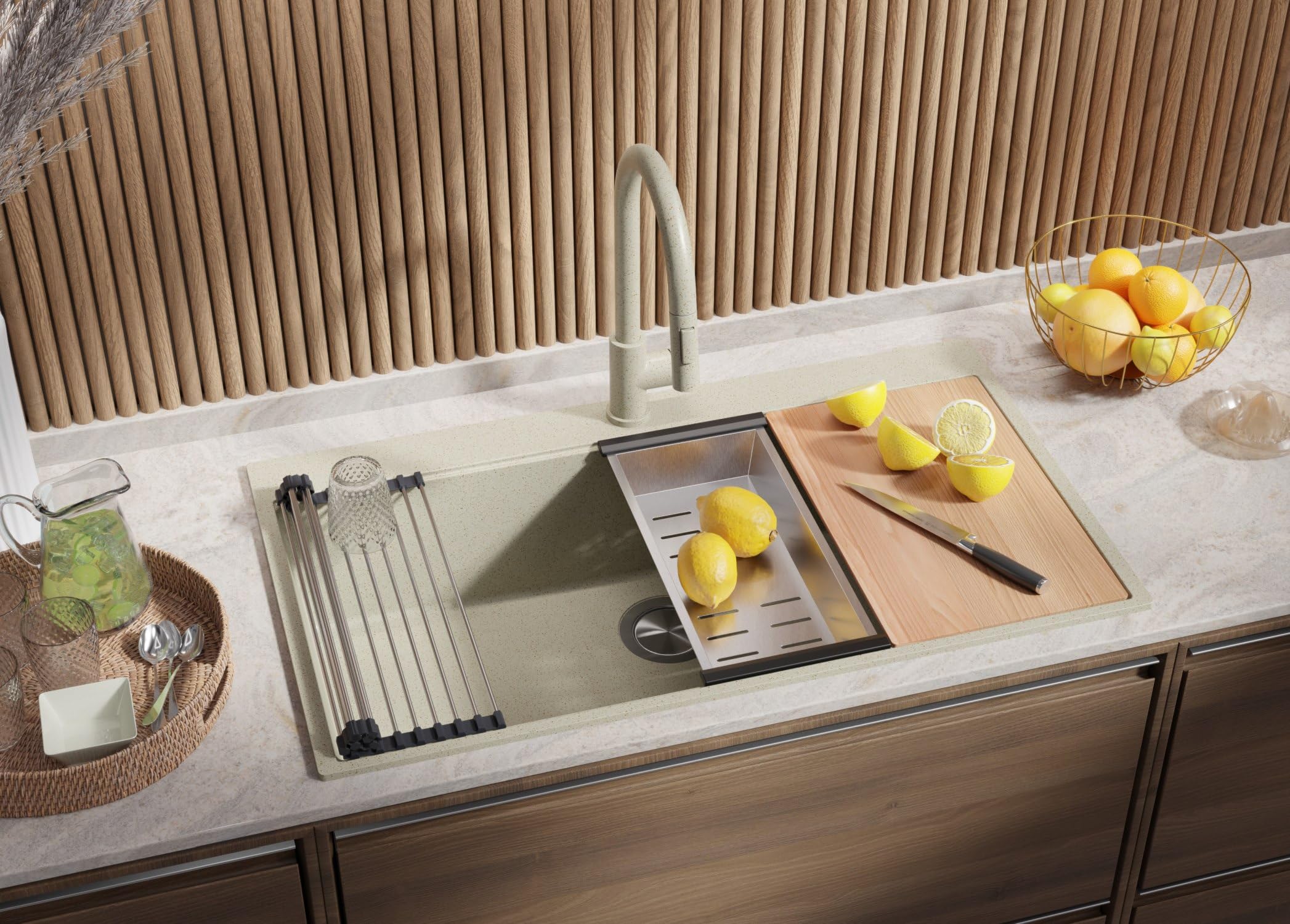 PRIMAGRAN Fregadero Granito Todo Beige - Oslo 90 Top, 88x50cm | Cocina 1 Seno + Grifo 40x20cm + Set de accesorios, sobre Encimera al Mueble 90cm (S702)