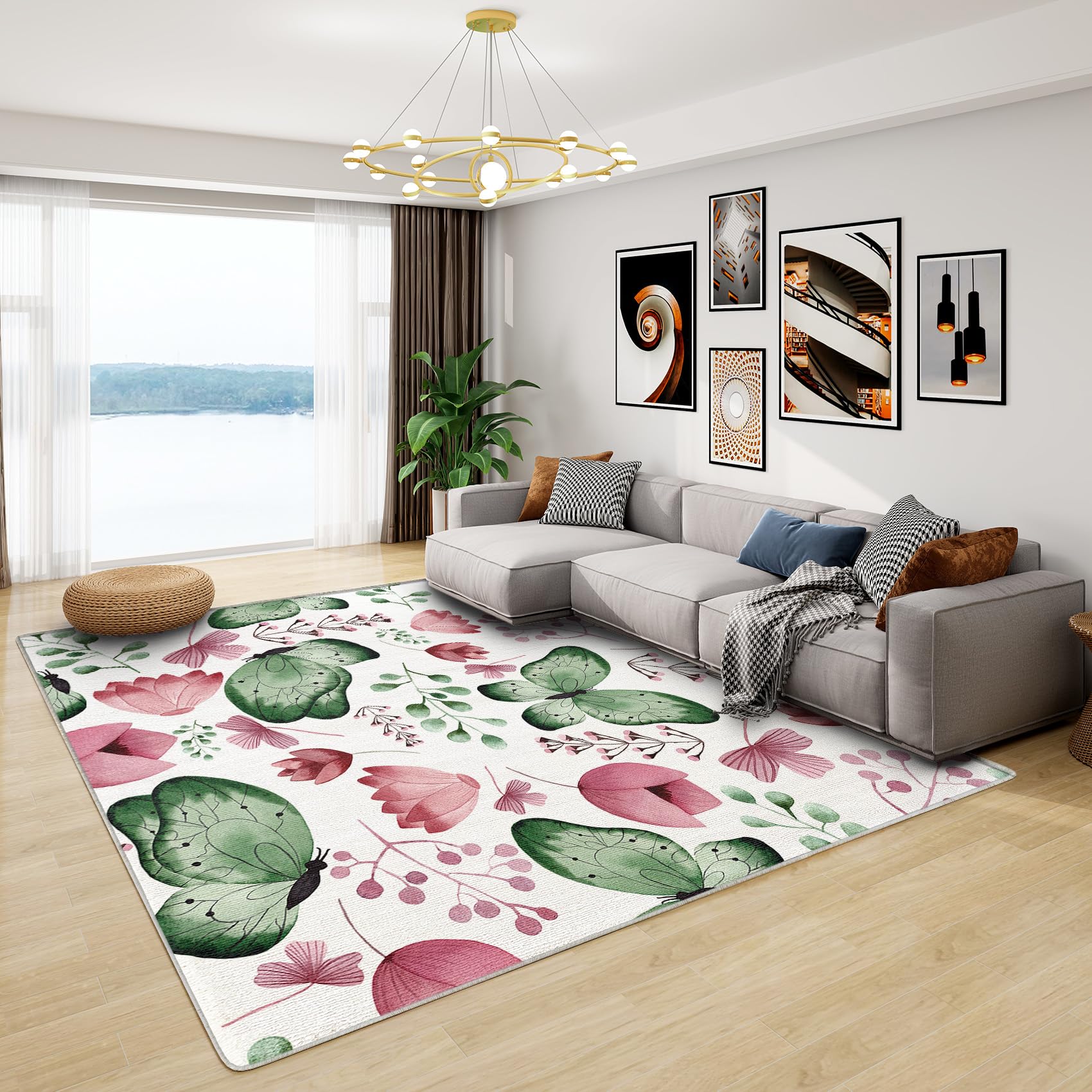 Flower Rug for Girls Bedroom - Butterfly and Floral Rug, Kids Butterflies Flowers Rugs for Living Room Bedroom, Washable Non Slip Soft Large Carpet, Patterned Area Rugs & Home Decor 160x230 cm