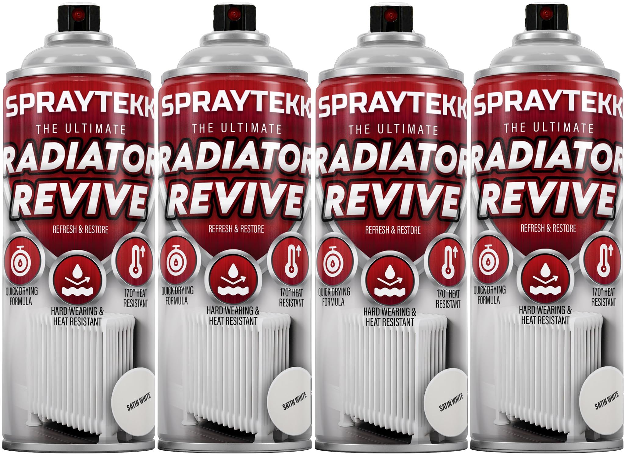 SPRAYTEKK Radiator Spray Paint | Heat Resistant up to 170ยฐC | All-in-One Primer, Undercoat & Topcoat | Fast Drying, Anti-Rust | For Radiators, Pipes, Boilers & Hot Water Tanks (Satin White, 4)
