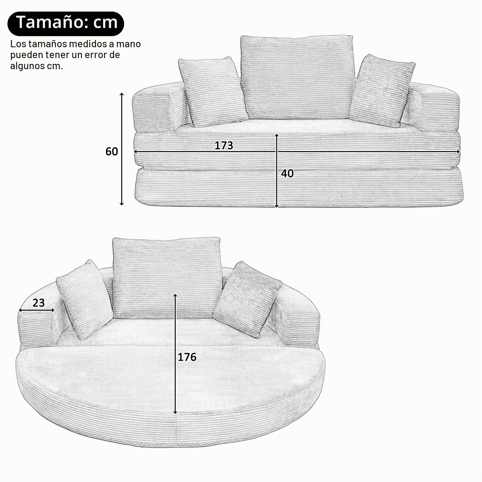 Sofá cama plegable multifuncional (Boneless Sofá) – Cama ovalada con cojines, sofá modular, funda de pana (173 x 176 cm), adecuado para apartamentos, salones, dormitorios (amarillo)