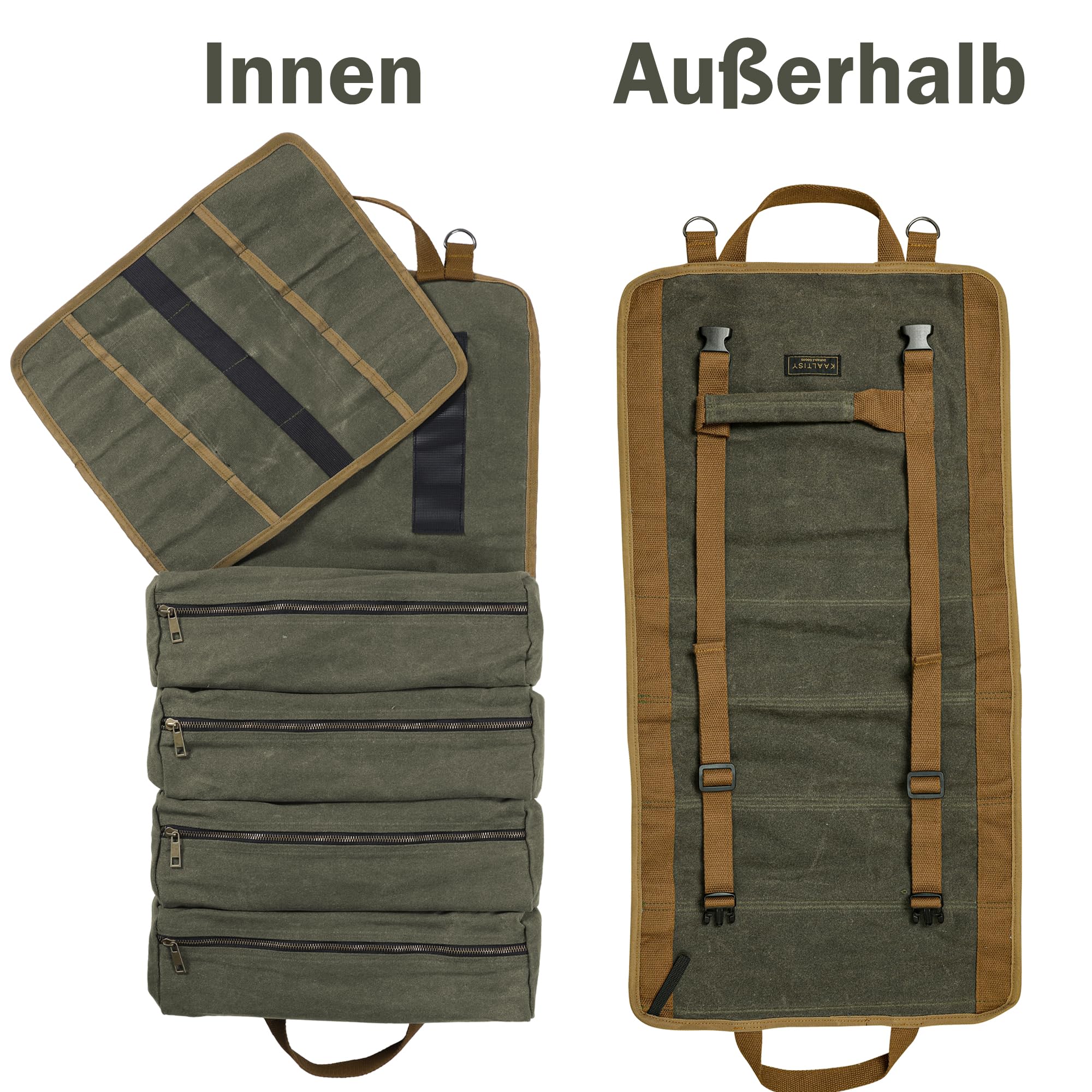 Borsa per attrezzi, robusta tela cerata da 16 oz con 4 tasche + 12 scomparti + maniglia per il trasporto, contenitore compatto per utensili manuali, 70 x 35 cm, verde militare