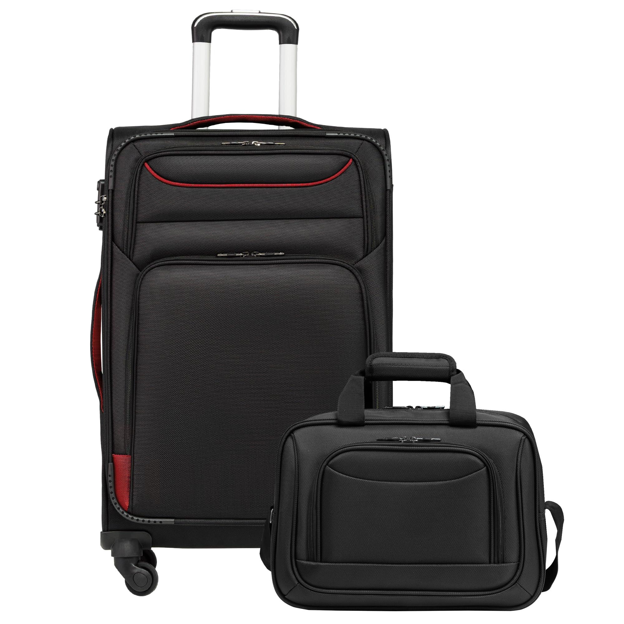 COOLIFE Koffer Trolley Koffer Reisekoffer von 4 Rollen Stoffkoffer Handgepäck TSA-Schloss Der Koffer Enthält 1 Große Umhängetasche (Mittlerer Koffer-Set 2tlg, Schwarz+Rot)