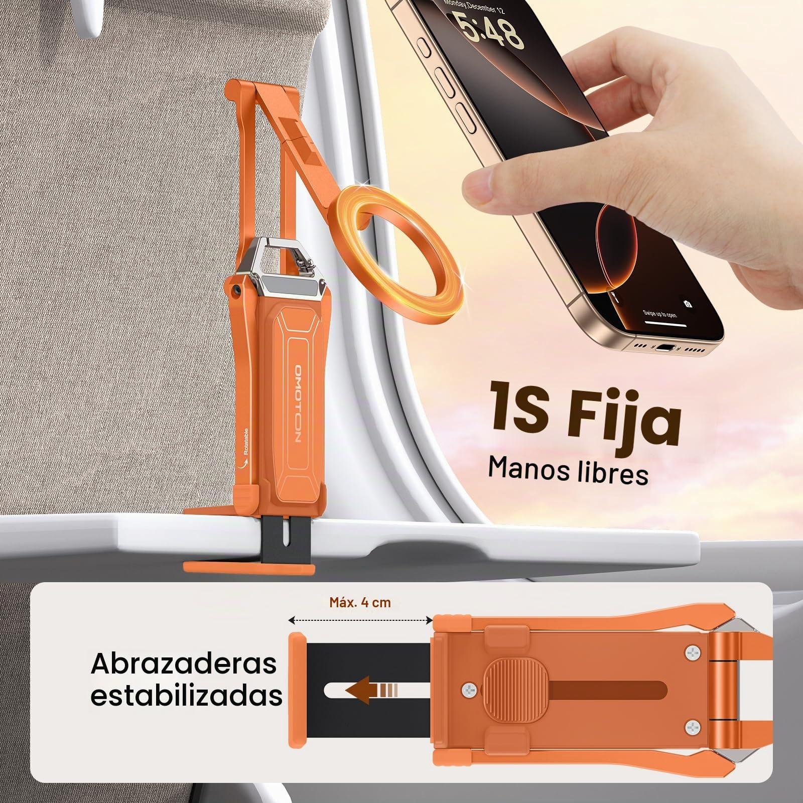 OMOTON TP02 Aluminio Trípode Magnético para Teléfono, Rotación 360° para Trípode con MagSafe, Soporte Ajustable 4 en 1 para iPhone 17/16/15/14 Pro MAX Air, Ideal para Gimnasio, Vlogs y Viaje, Naranja