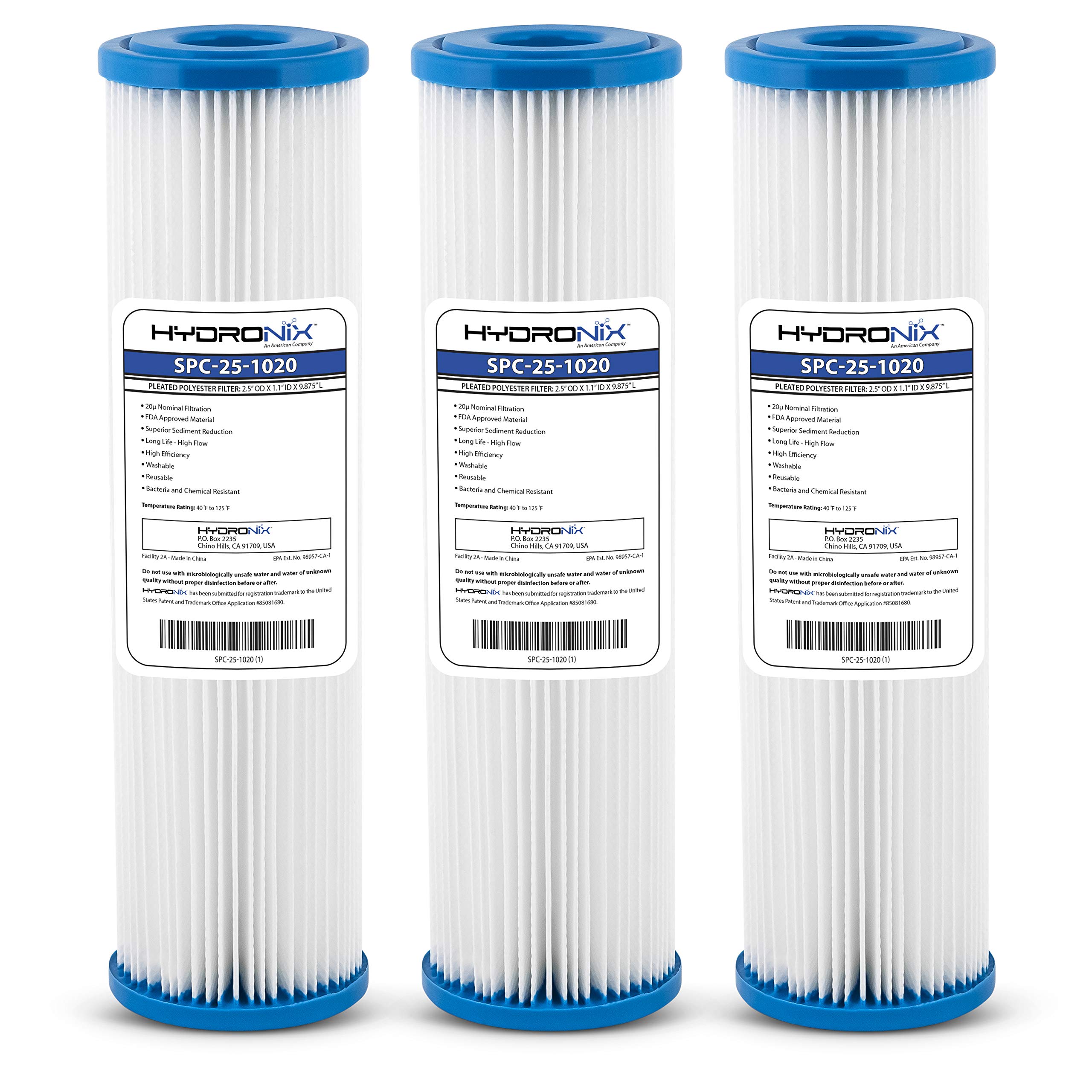 Hydronix HX-SPC-25-1020/3 - Filtro de agua plisado para toda la casa (reutilizable, 6,35 x 25,4 cm, 20 micras, 3 unidades), color blanco