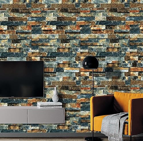 Miniatura 2 de F602 - Papel tapiz de ladrillo para despegar y pegar de 17.7 pulgadas x 9.8 pies, color azulrojo óxido, papel tapiz removible prepegado,