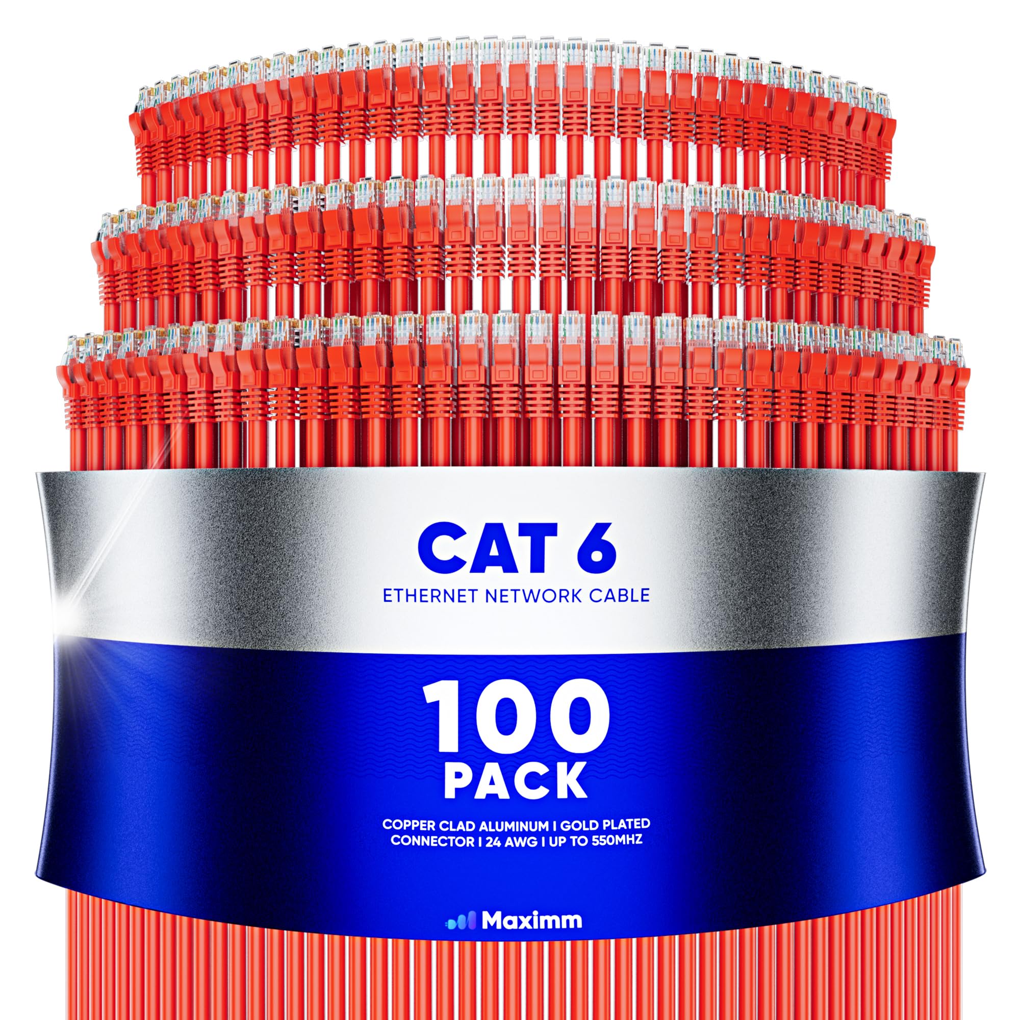 Maximm Lot de 100 câbles Ethernet Cat6 de 3 m, 10 Gbit/s, 550 MHz, jaune