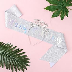 BAHABY It's My Birthday Sash & Headband Set, Silver - Hairband Accessory for Women Celebrating Their Birthday, 2 Pieces Included