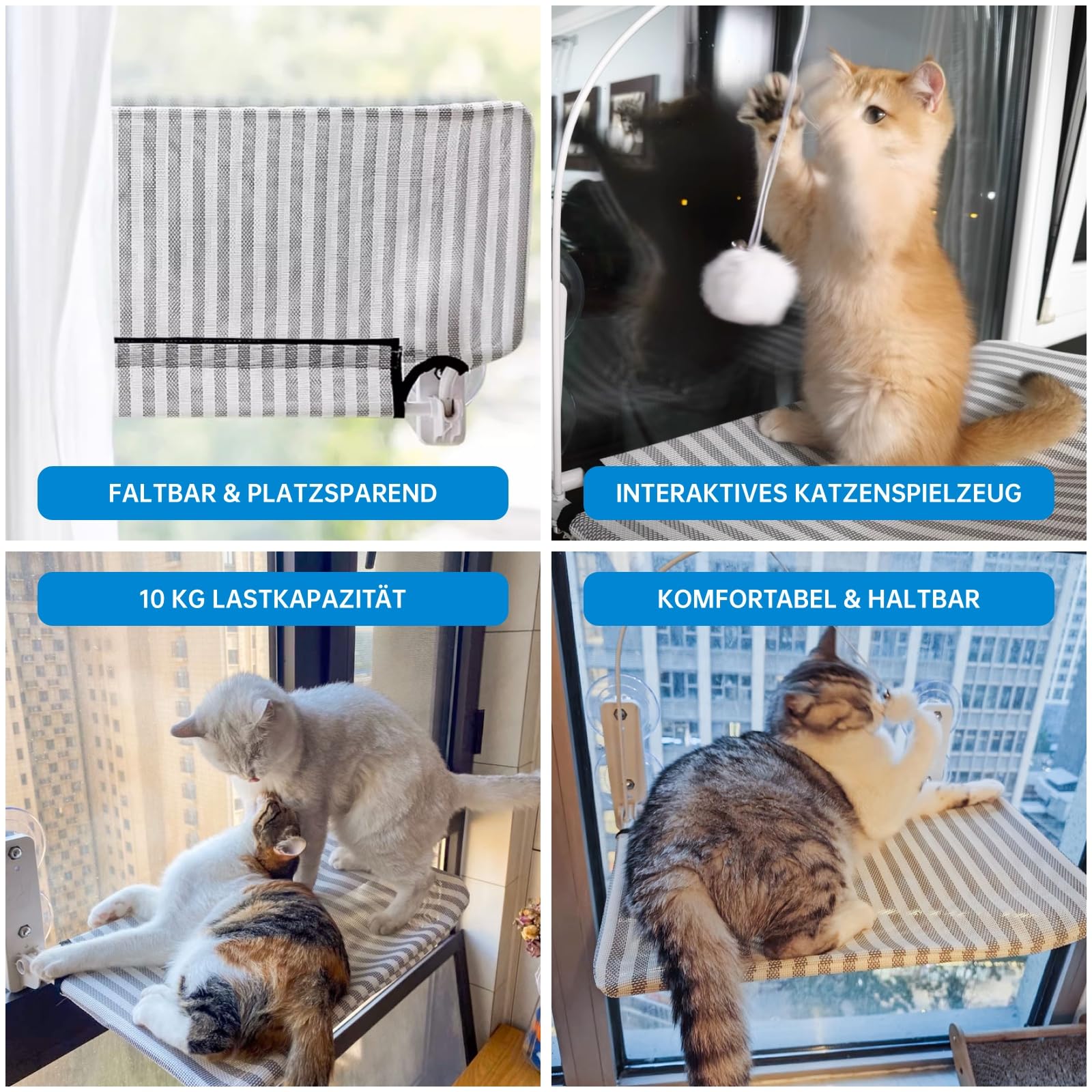 Fensterliege für Katzen Katzenbett Fenster Hängematte mit Starken Saugnäpfen bis 18kg – Abnehmbarer & Wendbarer Bezug, Faltbar & Stabil (Streifen, L)