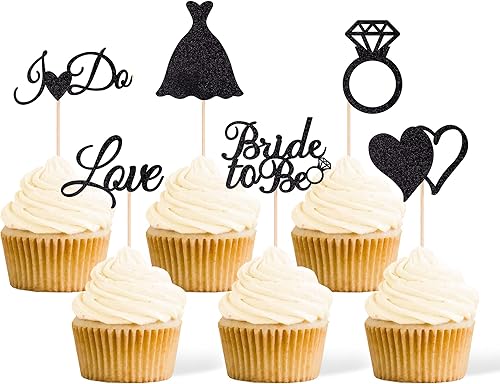 24 piezas de decoración para cupcakes de novia con purpurina dorada y negra de doble cara I Do Love Heart DiamondRing Cupcake Picks Decoraciones