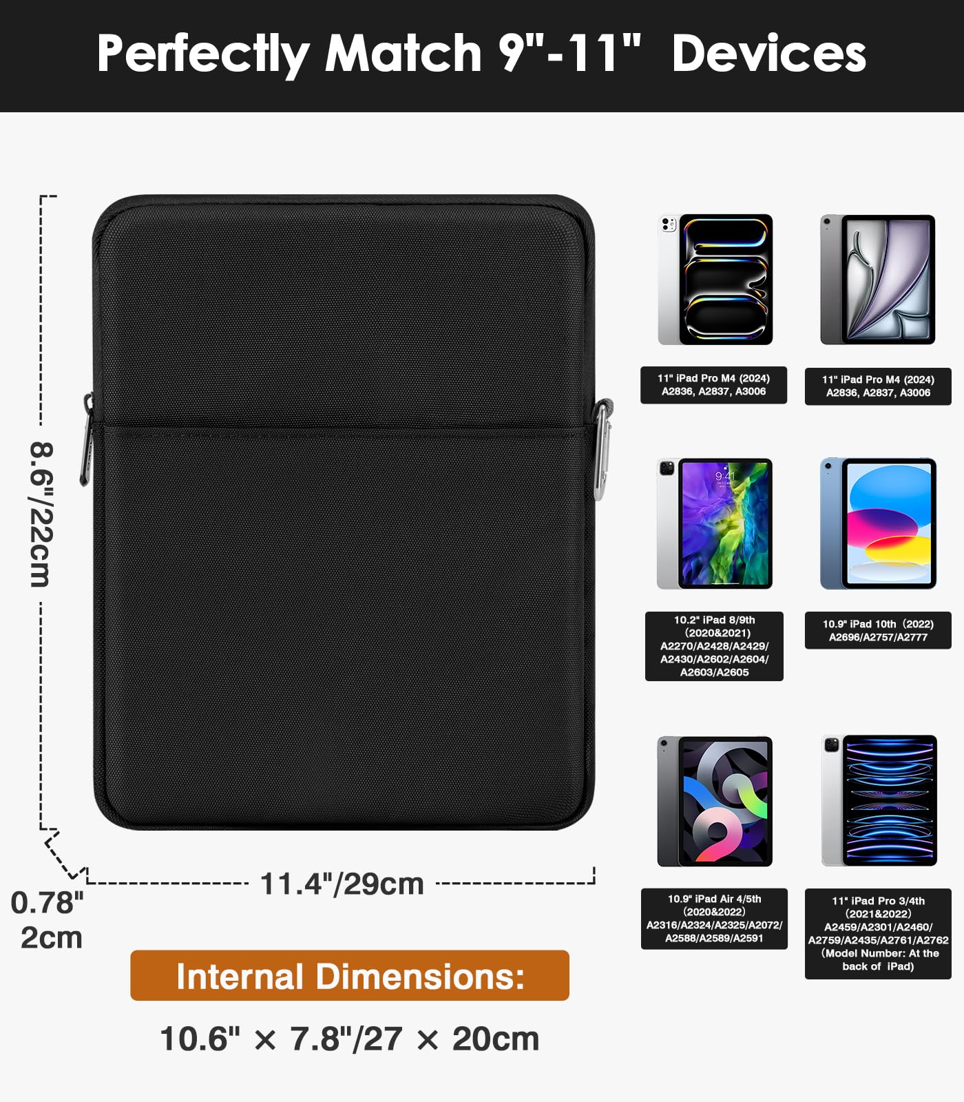 MoKo Sacoche pour Tablette rembourré | Housse de transport pour tablette compatible avec iPad Air M2, iPad Pro, iPad10e, Noir
