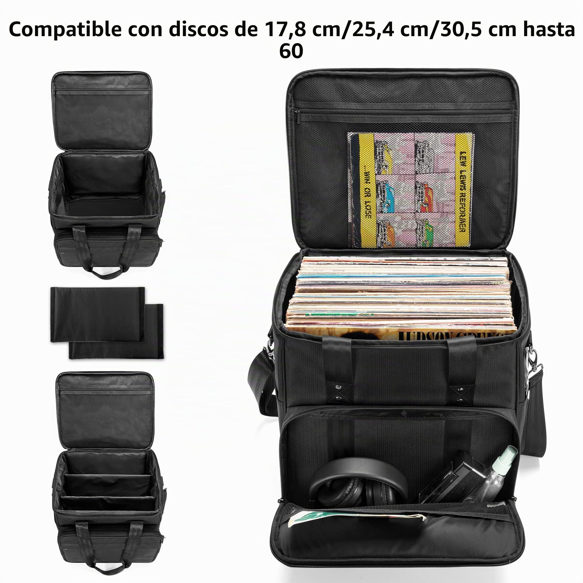 Trunab Bolsa de Transporte para Discos de Vinilo - Capacidad para 60 LP, Estuche con Separadores Extraíbles, Almacenamiento para Viajes