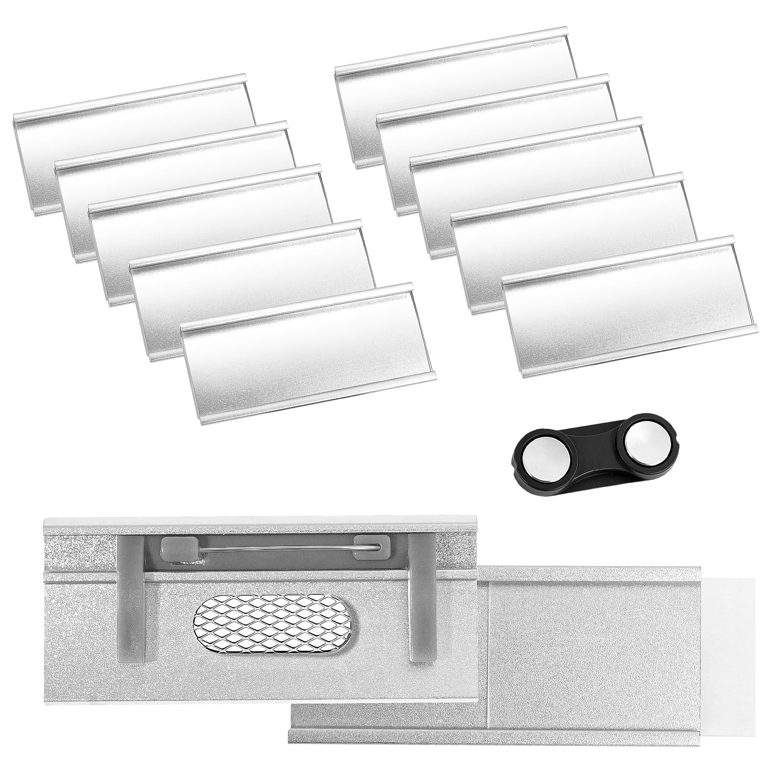 VINATO 10 Pezzi Badge Magnetici in Alluminio per Abbigliamento, Doppio Magnete, 72 x 35 mm