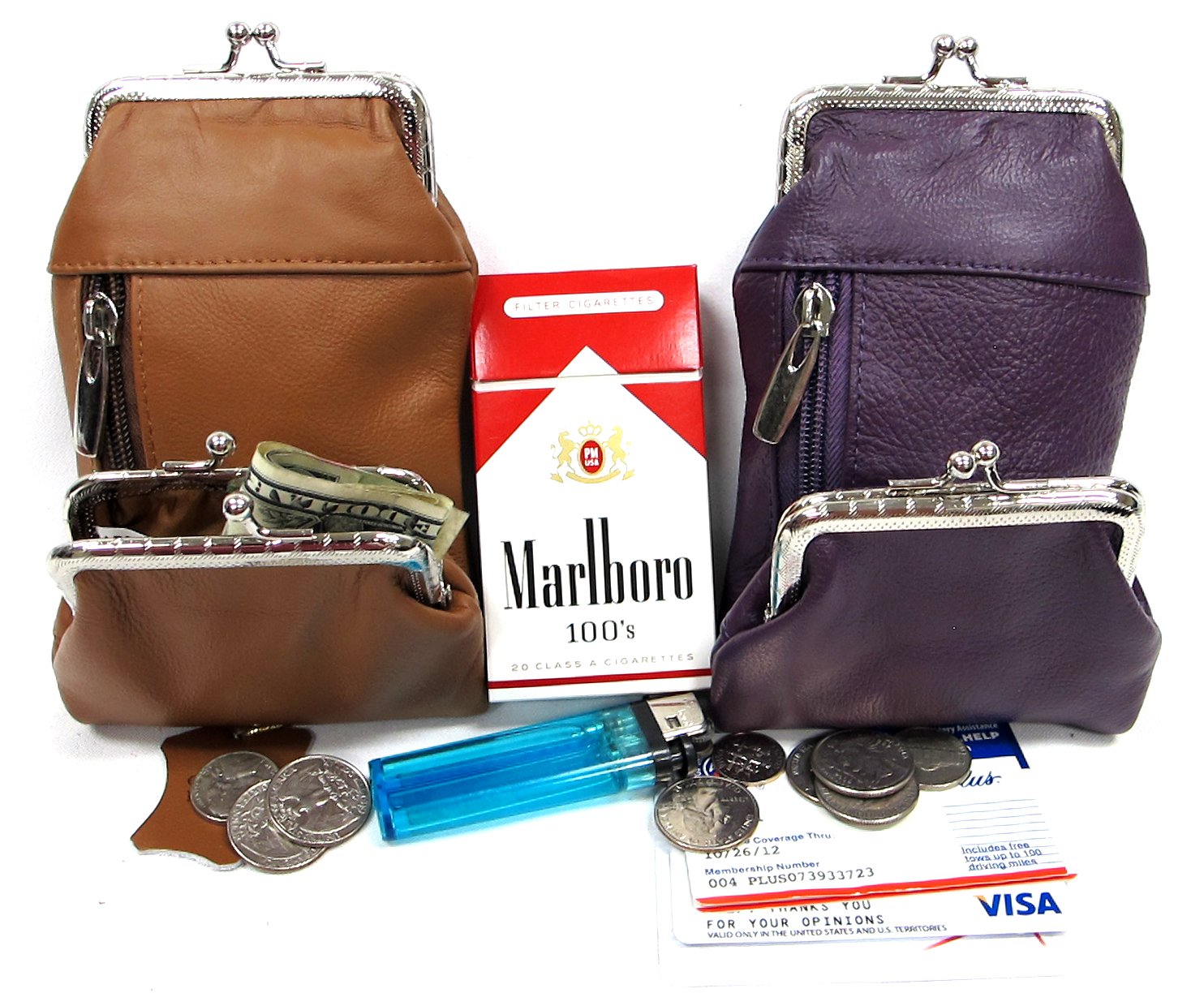 2pc Two Color Set Lady's Genuine Leather Cigarette Stash Case+ Coin Purse - PURPLE +Lt. BROWN