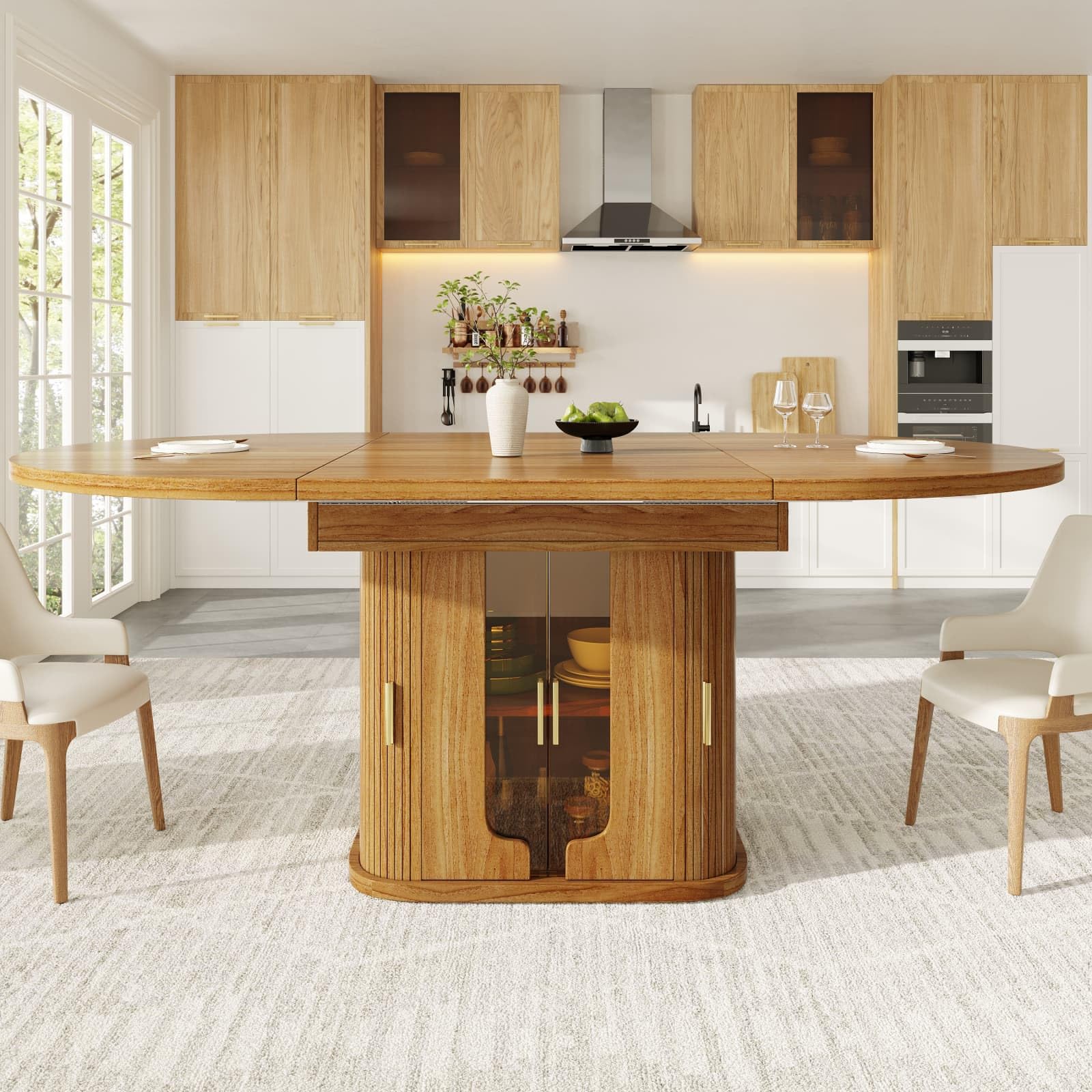KOMHTOM Table à Manger Extensible, Table Pliante de Cuisine Salle à Manger, Table Ronde à Ovale 118-158 cm, Base avec Portes en Verre Intégrées, pour 6 Personnes, Bois (Noyer-2+MDF)