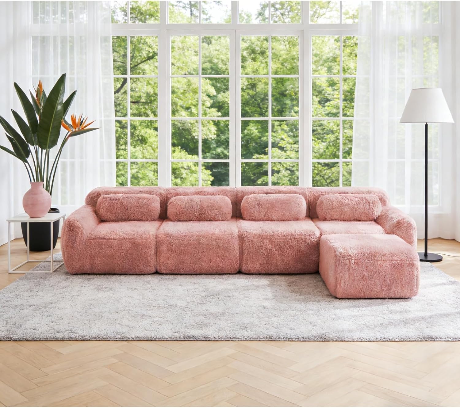 149" L-Shaped Boneless Modular Sofa, Plush Foam Lounge Couch, 32D High Density Sponge, Plush Convertible Sofa Set Deep Seat Couches for Living Room, Bedroom and Apartment, Pink