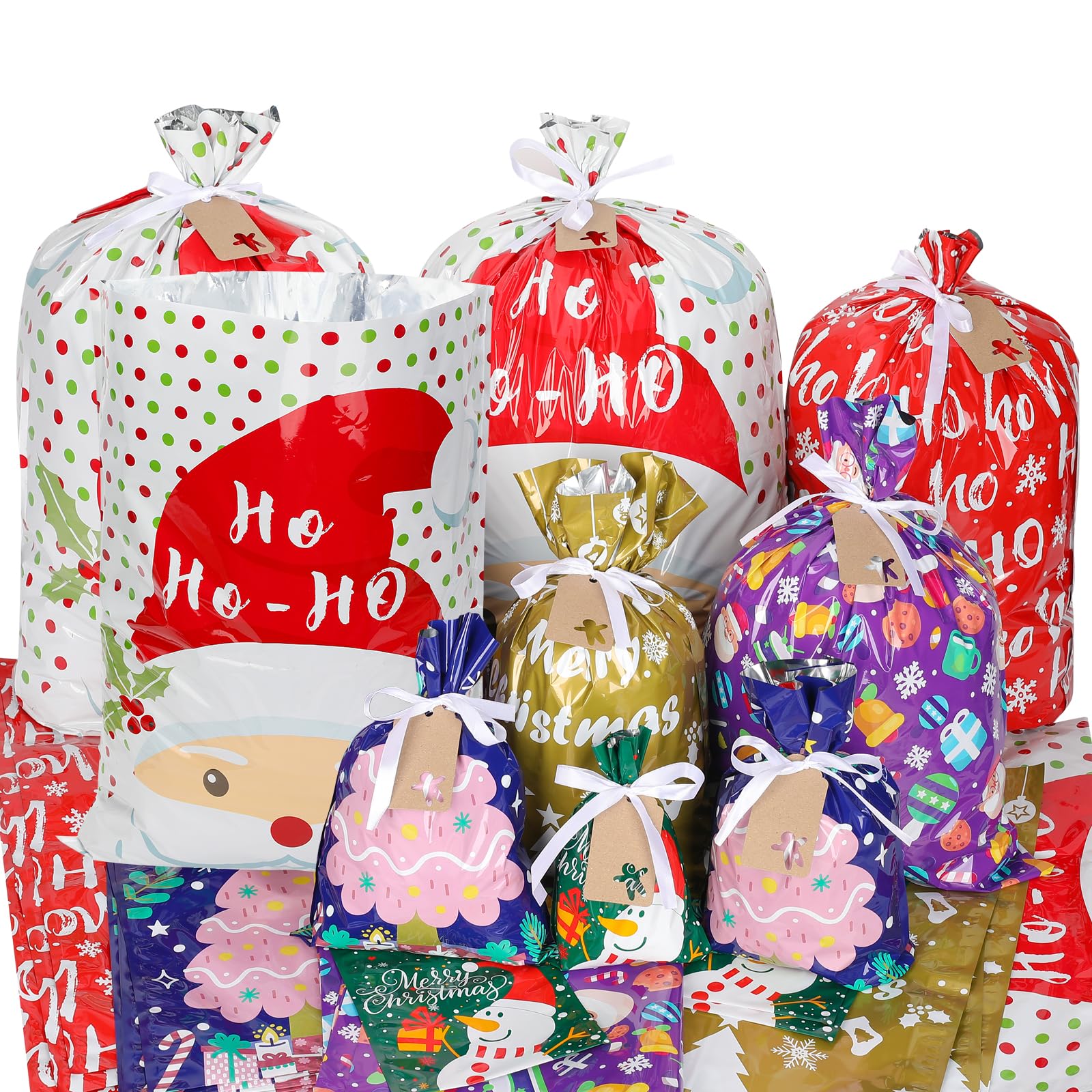 YALTOON Christmas Gift Bags, 38P Assorted Sizes, Plastic, Reusable, Coated Aluminum Foil, Assorted Patterns, Includes Ribbon, 1 Count (Pack of 38)