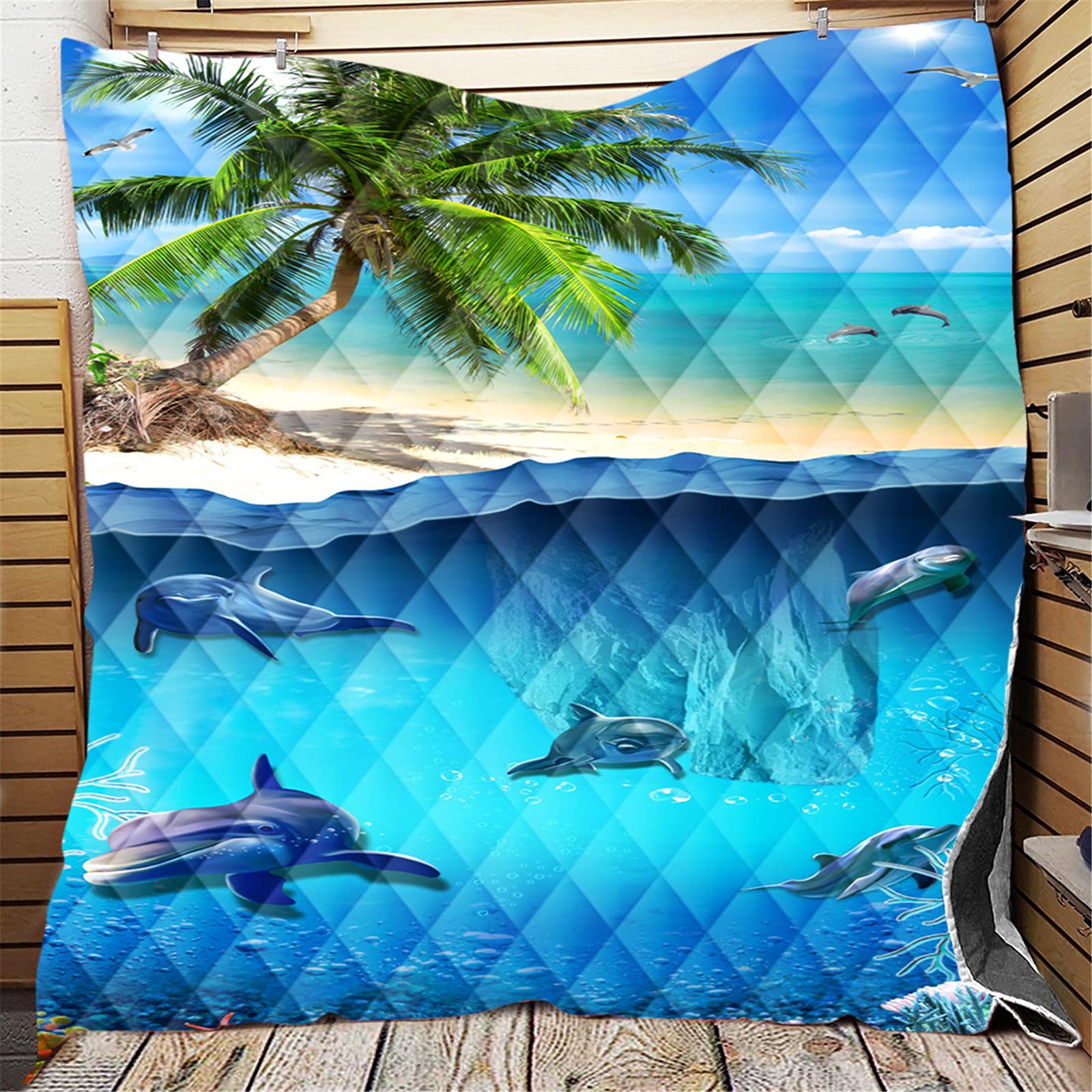 Couvre-lit matelassé 150x200cm motif cocotier 3D Chickw1 en microfibre