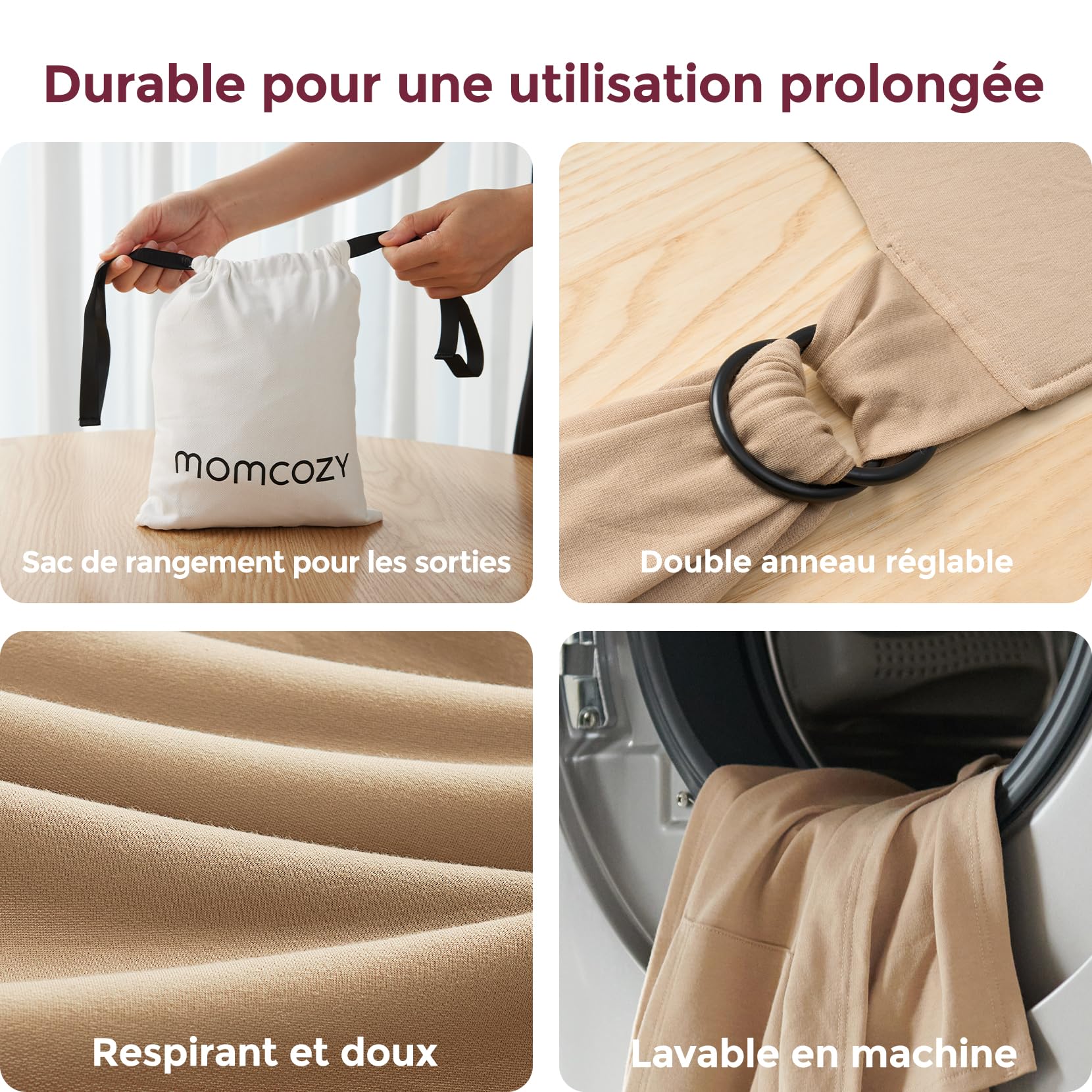 Momcozy Écharpe de Portage Bébé Nouveau-nés Anneaux Facile Enfiler Respirante Mains Libres Porte-bébé Réglable 3,6-15 kg Beige sable