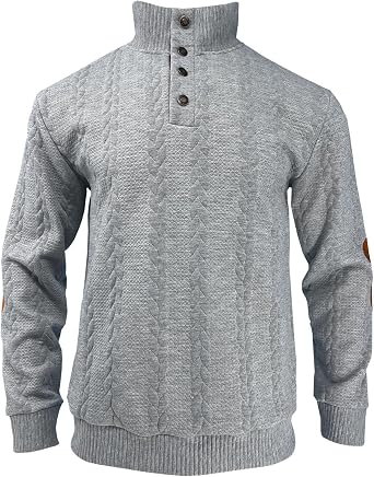 Mens Quarter Button Pullover Quilted Sweatshirt Casual Cable Knit Stand Collar Long Sleeve Elbow Patches Sweatshirts