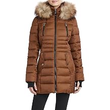 HFX Womens 3/4 Puffer Jacket With Faux Fur Trimmed Hood and Cinched Waist, Water Resistant