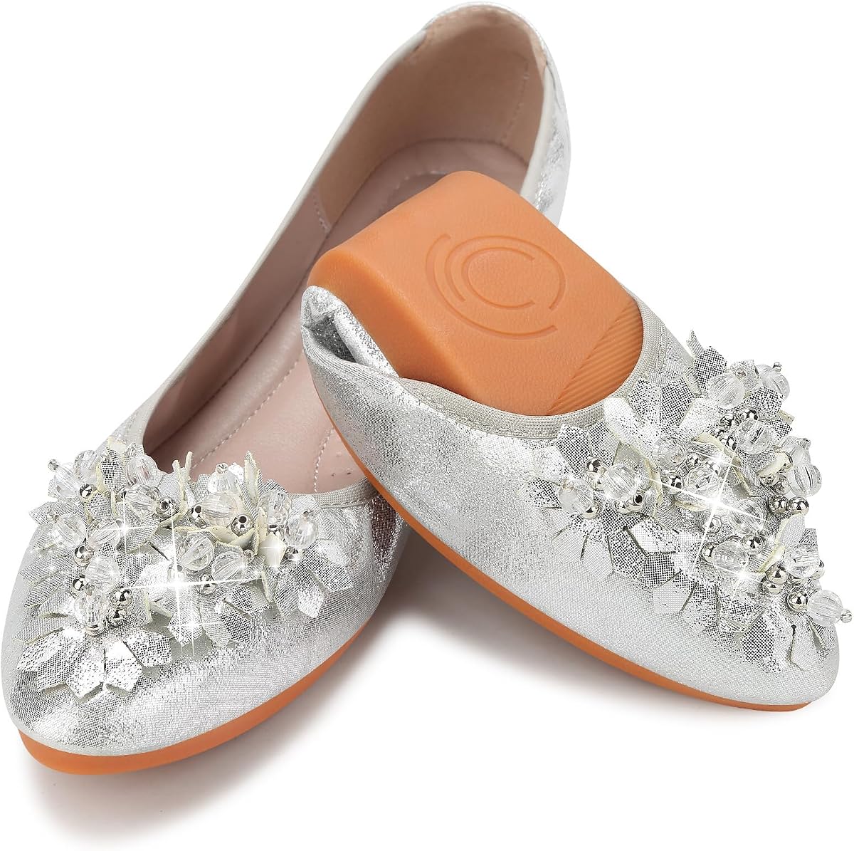KUNWFNIX Zapatos de bailarina de boda con diamantes de imitación para mujer, plegables, brillantes, cómodos, zapatos planos
