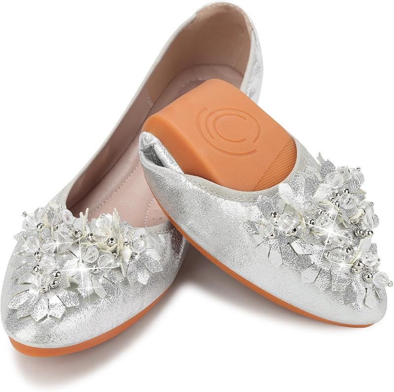 KUNWFNIX Zapatos de bailarina de boda con diamantes de imitación para mujer, plegables, brillantes, cómodos, zapatos planos