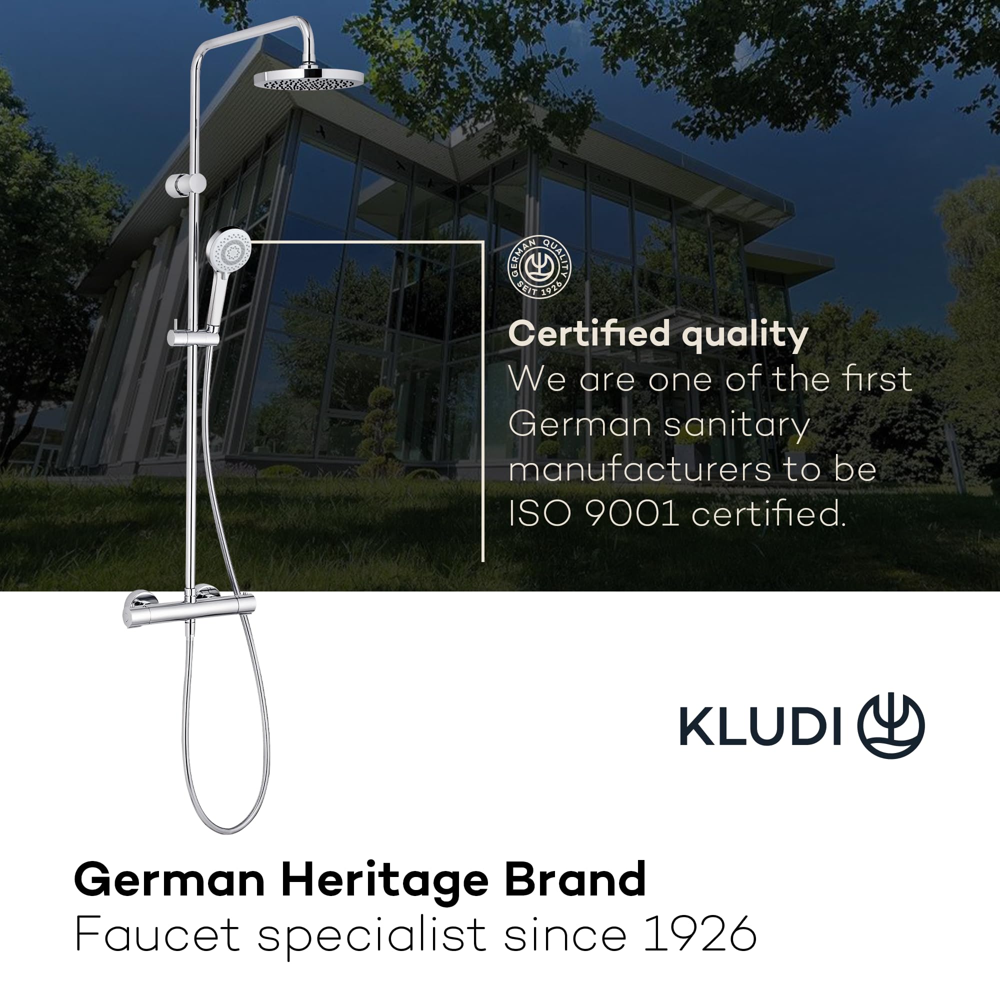 KLUDI -X3 system prysznicowy z termostatem, deszczownicą (20 cm), kompletny zestaw z armaturą prysznicową, słuchawką prysznicową z wężem, słuchawką prysznicową i drążkiem prysznicowym, głowica
