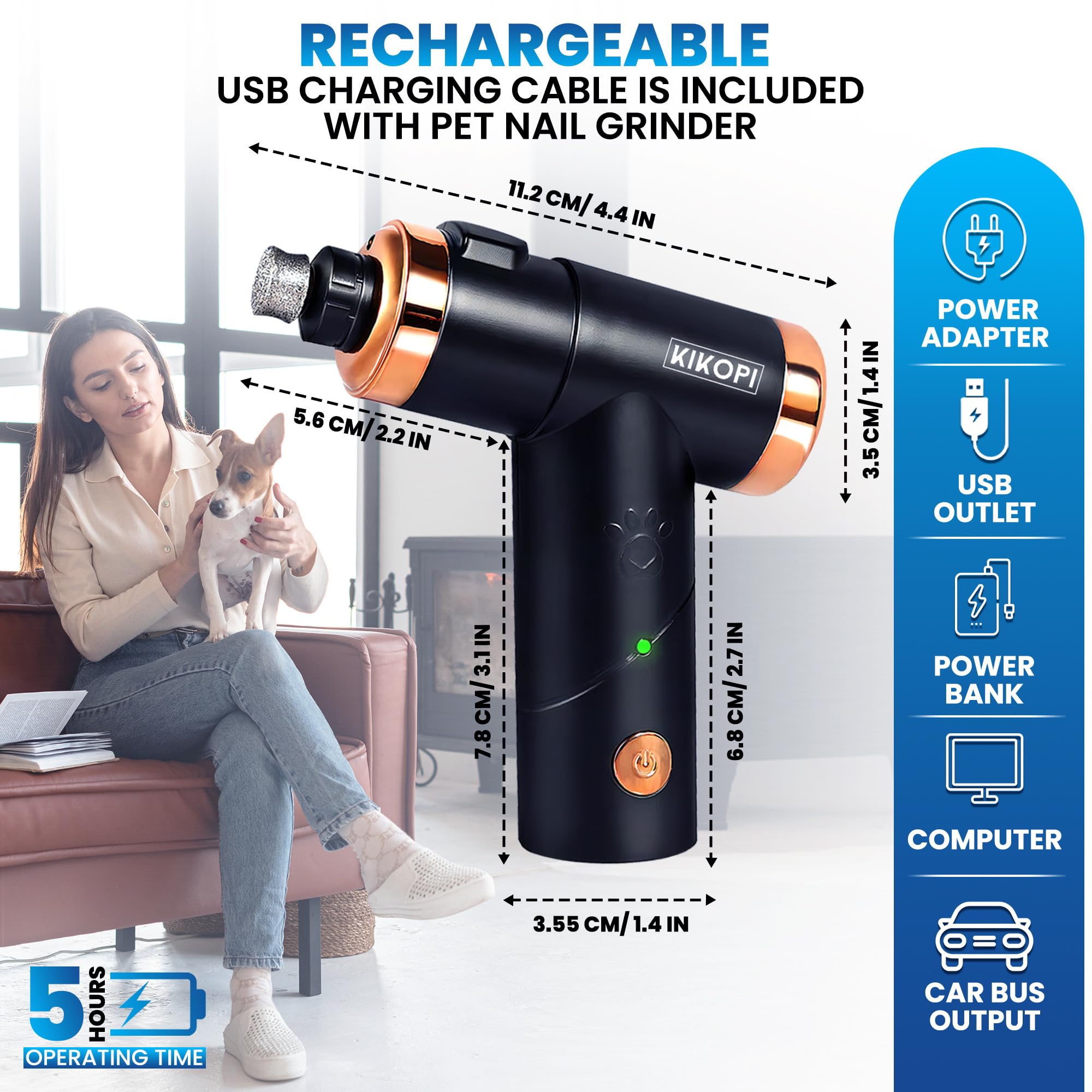Molinillo de uñas para perros con luz LED, cortador de uñas eléctrico extremadamente silencioso, 2 velocidades, batería recargable de iones de litio, para perros y gatos pequeños, medianos y