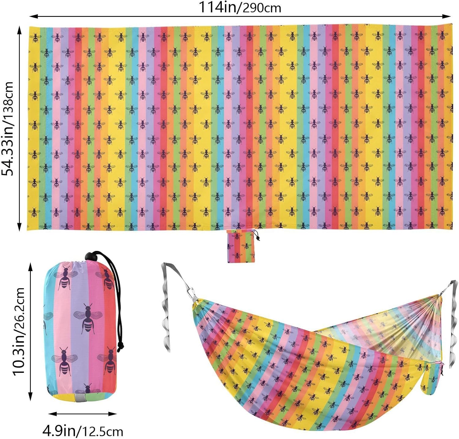 ALAZA Bee Rainbow Stripes Camping Hammocks Single or 2 Person 500 lbs Portable Parachute Travel Hammock w/Tree Straps for Hiking Backpacking Indoor Outdoor