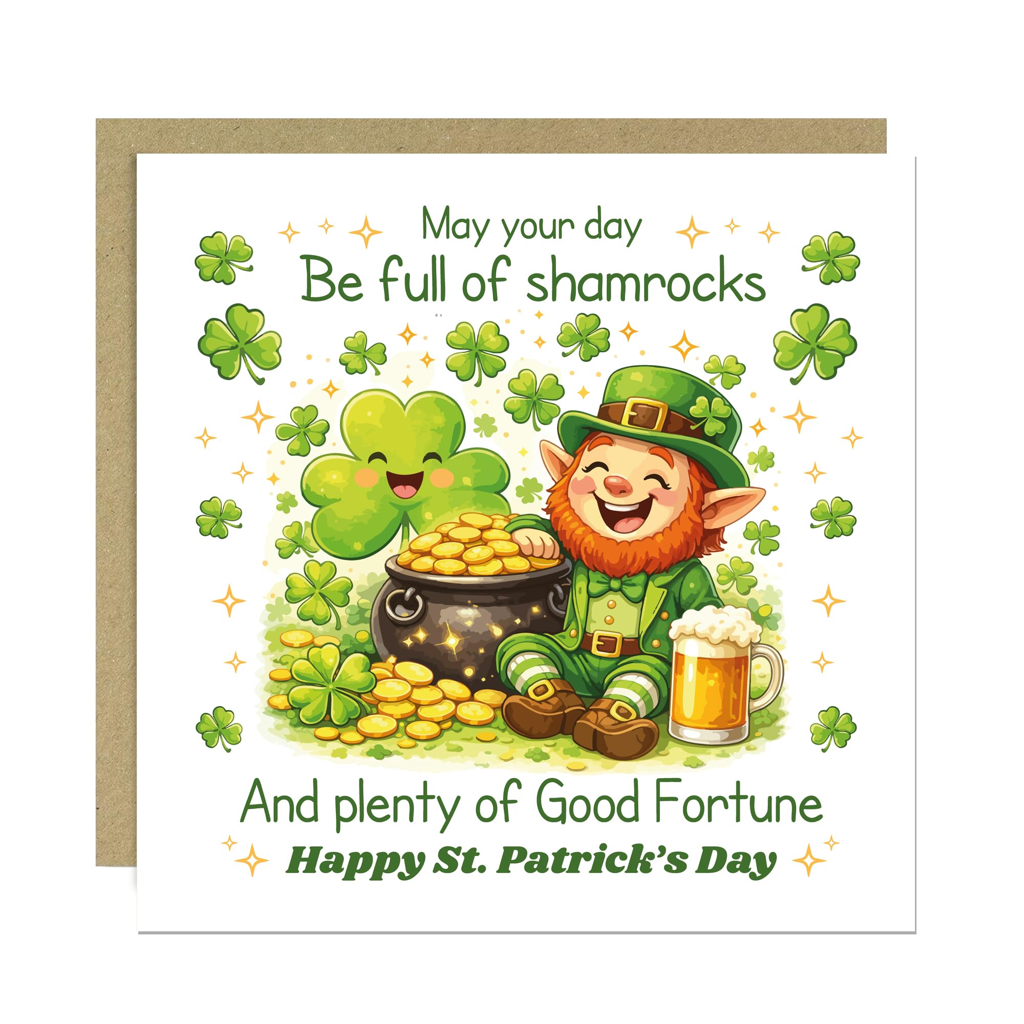 RED OCEAN St Patricks Day Card Shamrocks and Good Fortune Greeting Card Happy St Patricks Day Card Leprechaun Pot of Gold Irish Luck Card St Paddy’s Day Card for Friend Family