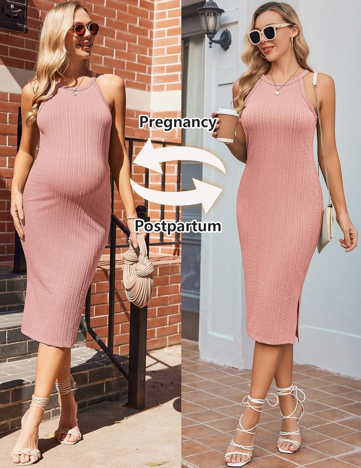 Ekouaer Maternity Dress Rib Knit Side Slit Stretchy Bodycon Pregnancy Dresses Halter Neck Sleeveless Pregnant Clothes - Image 5