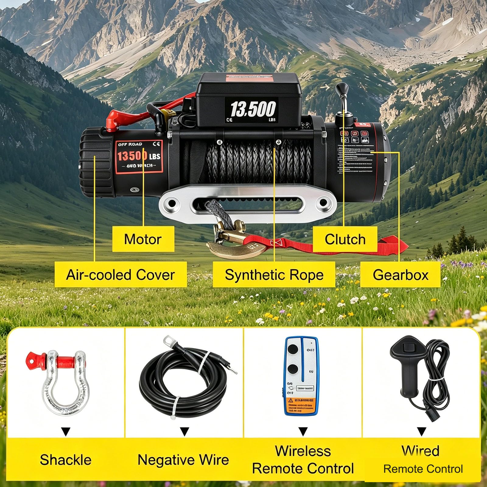 Winch Treuil électrique 13500 lbs/6124 kg, 12V Treuil de Voiture avec Télécommande sans fil & Étanche IP55 pour Jeep/SUV/Bateau/RV/Off-road Vehicle/Camper Van etc. (13500 lbs)