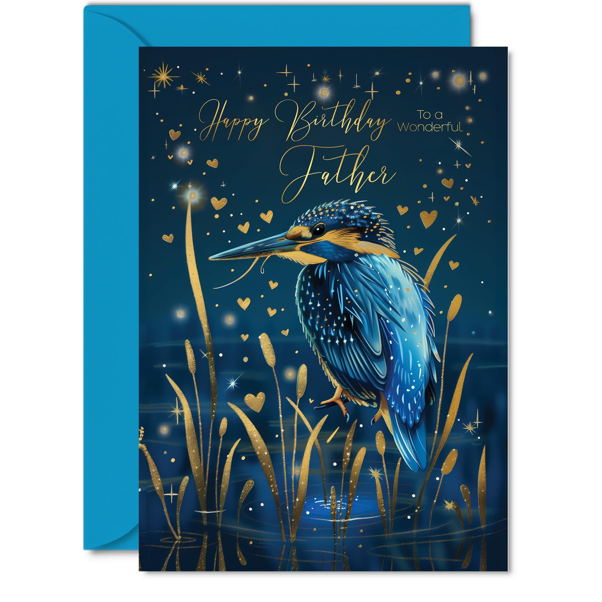 Beautiful Gold Birthday Cards for Father - Wonderful Golden Kingfisher - Pretty Traditional Elegant Birthday Card for Father from Son Daughter, A5 Gorgeous Greeting Cards Gift