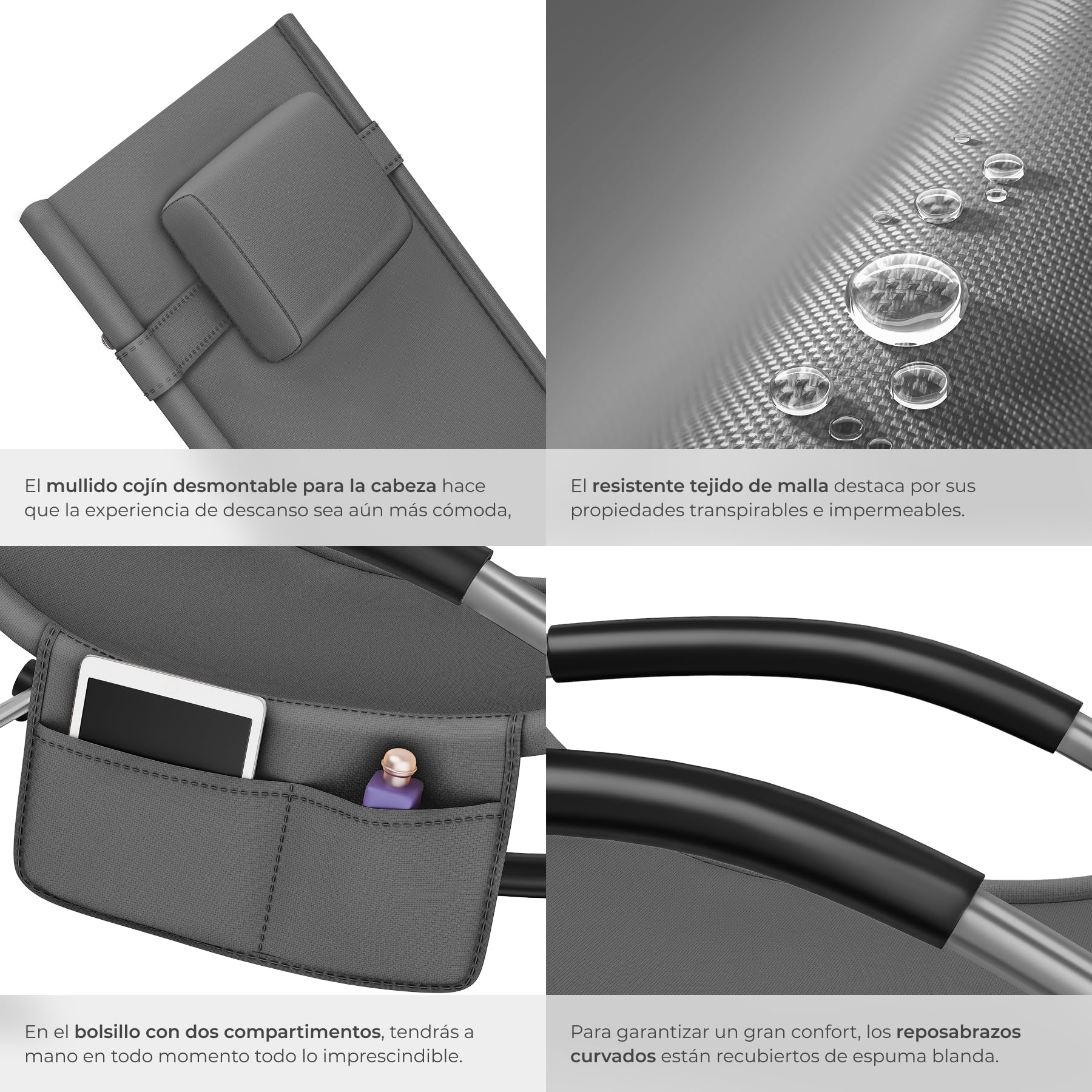 tectake® Tumbona Sol Exterior con Almohada, Tumbonas Piscina con Bolsillo Lateral, Resistente al Agua y Tejido Transpirable, Capacidad de Carga: 120kg, Sillas de Terraza - Gris