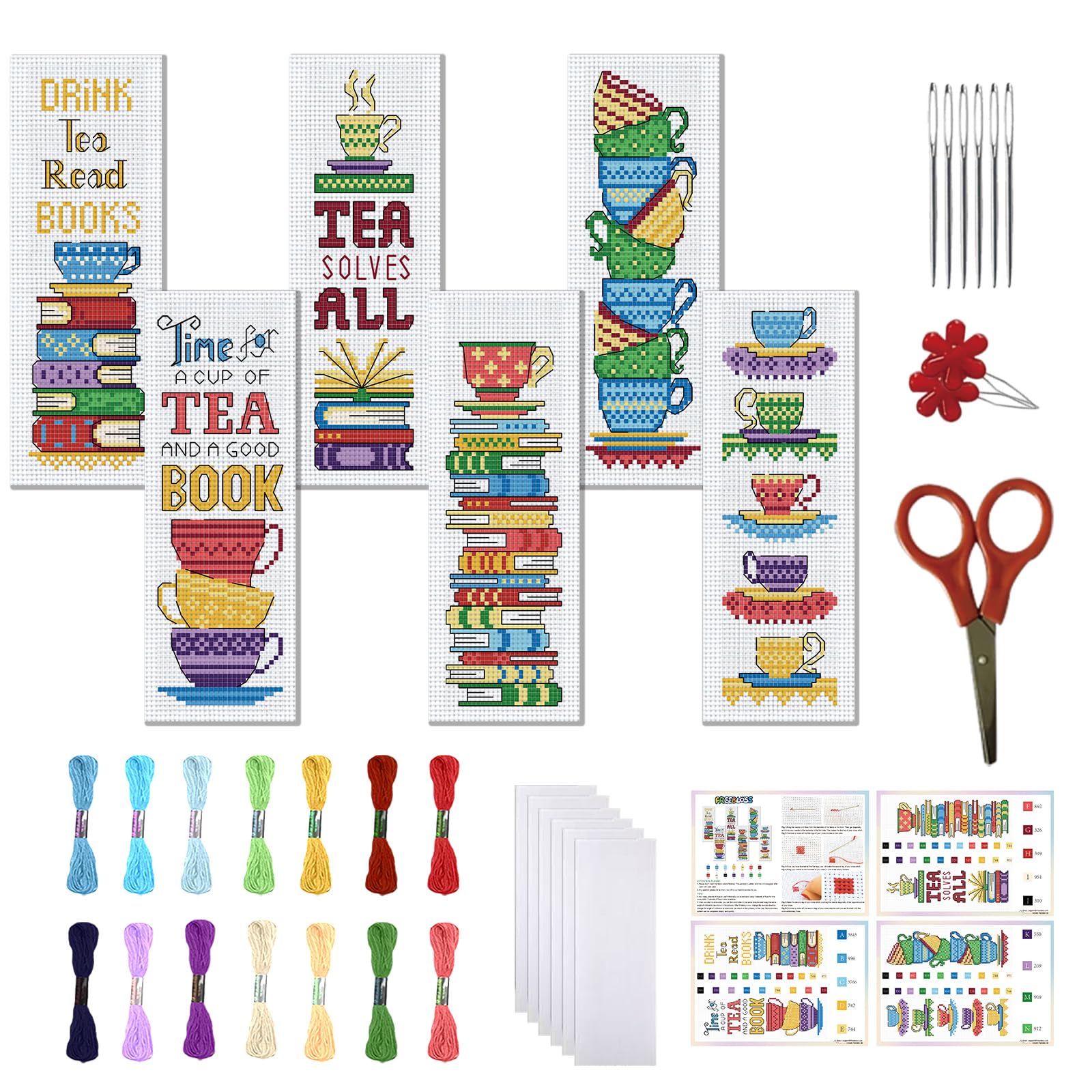 FREEBLOSS 6 Set Cross Stitch Bookmark Kits Book Teacup Pattern Stamped Cross Stitch Kit 11CT Embroidery Kit with Instructions for Beginners 20x6cm/8x2.4inch