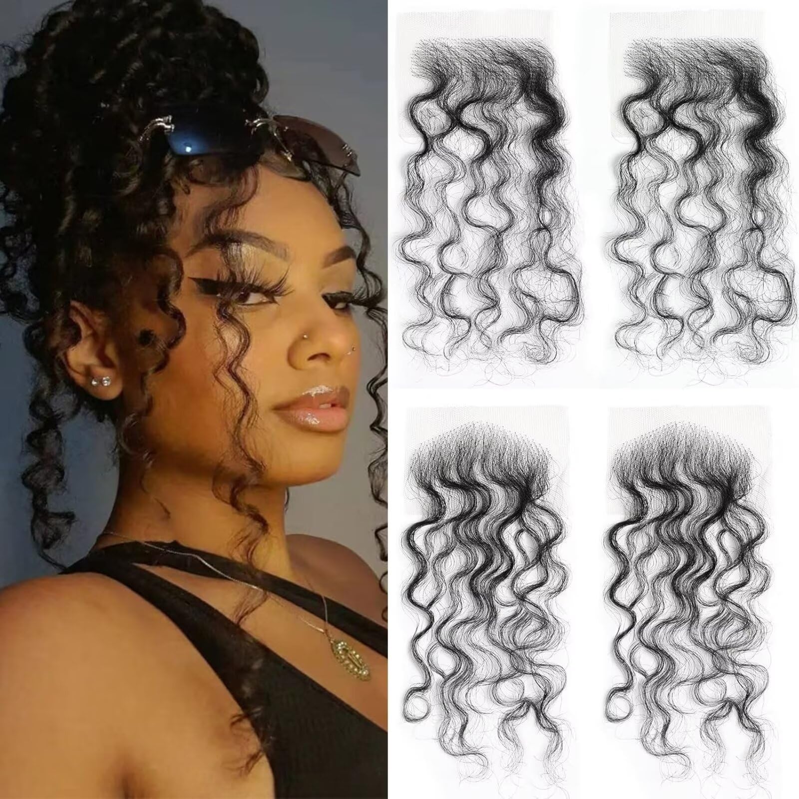 GGAUBAIFI 4Pcs HD Lace Baby Hair Edges, Curly Brazilian Virgin Human Hair, 2cm Length, Swiss HD Lace, Reusable